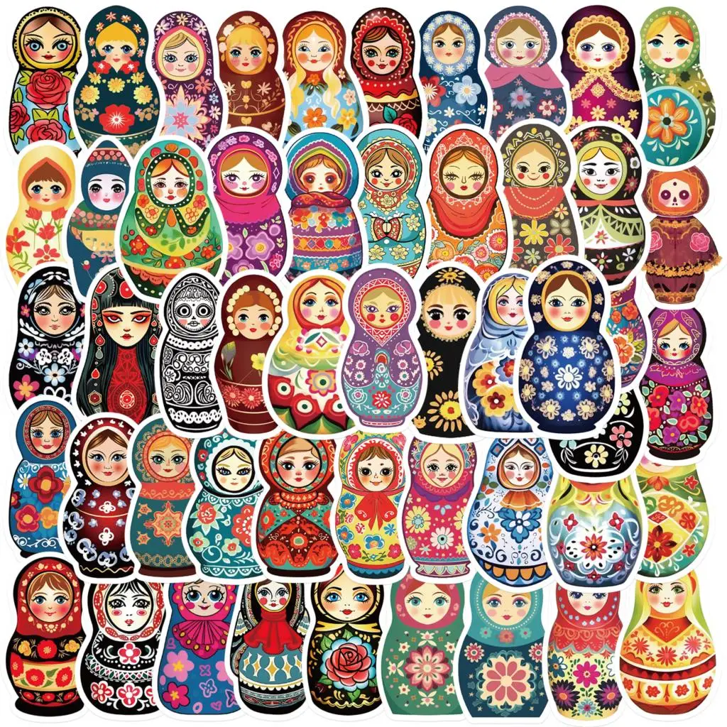 52PCS Russian Doll Sticker Decoration DIY Notebook Water Cup Refrigerator Creative Color Waterproof Graffiti PVC Sticker Toy