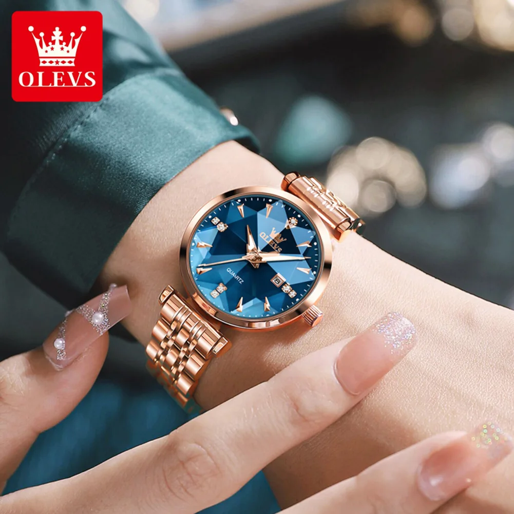 OLEVS Women\'s Watches Fashion Elegant Rhombic shape Mirror Original Quartz Wristwatch Waterproof Strap Date