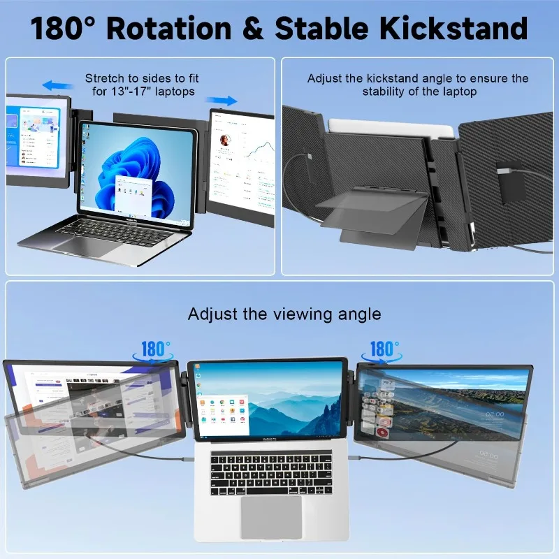 موسع شاشة الكمبيوتر المحمول، شاشة محمولة ثلاثية 14 بوصة FHD 1080P لأجهزة الكمبيوتر المحمولة 13-17 بوصة، موسع شاشة الكمبيوتر المحمول لنظام التشغيل Windows/Mac