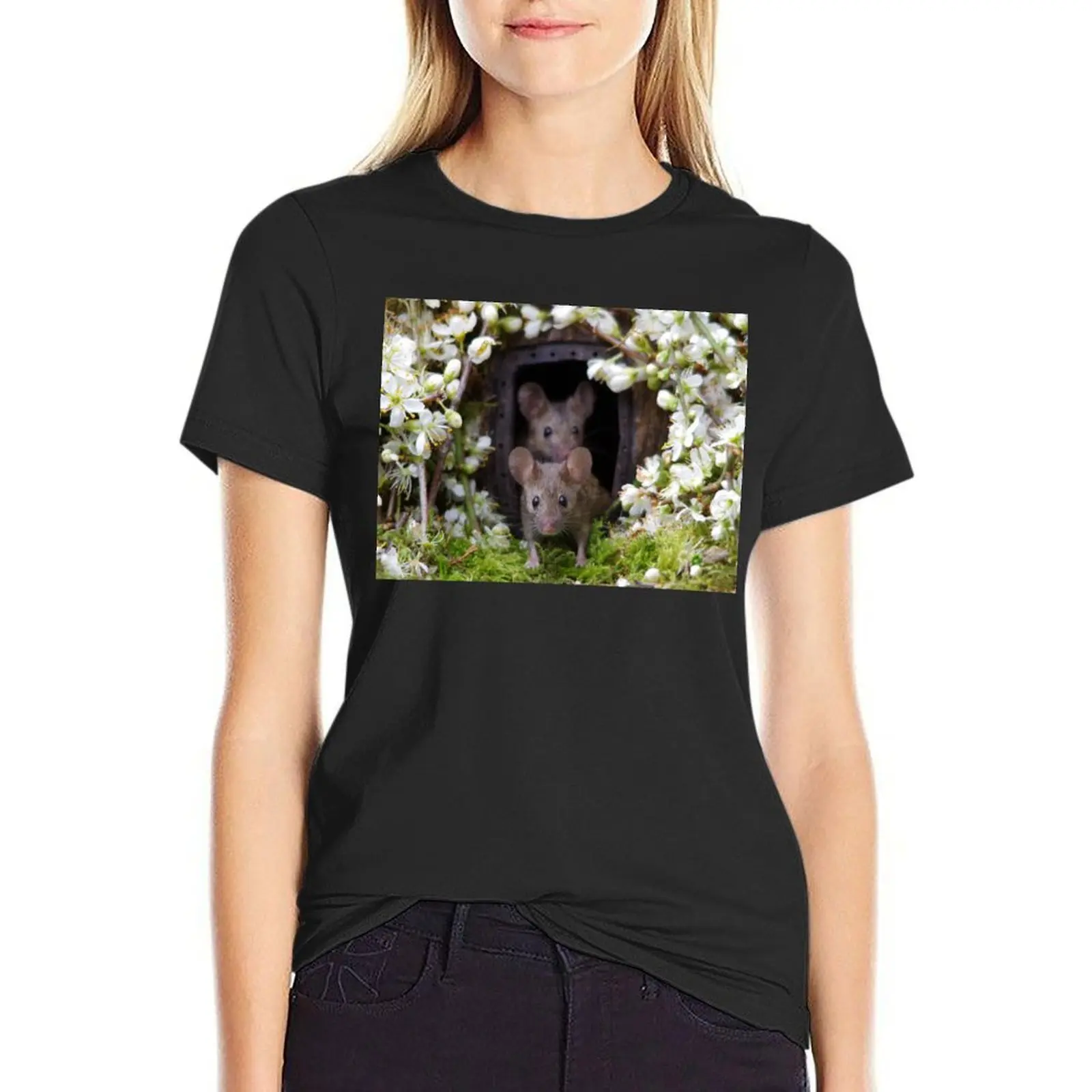 George the mouse in a log pile house - SPRING T-Shirt female tees animal print shirt for girls lady clothes Woman clothing