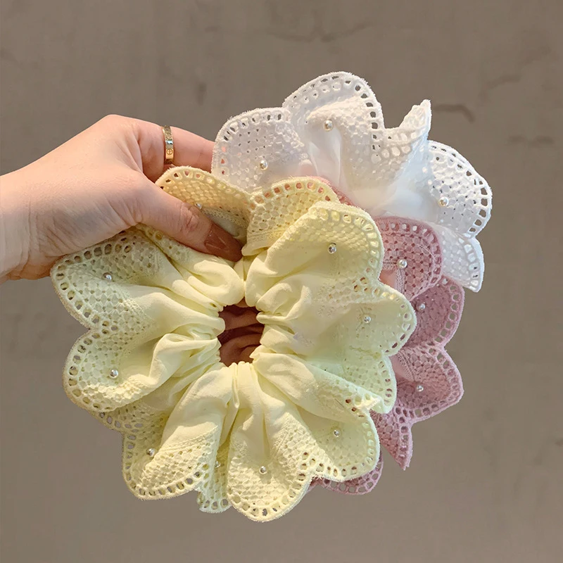 

Sweet Pearl Lace Flower Scrunchies High-end Hair Tie Low Ponytail Rubber Band Bun Hair Rope Women's Head Flower Hair Accessories