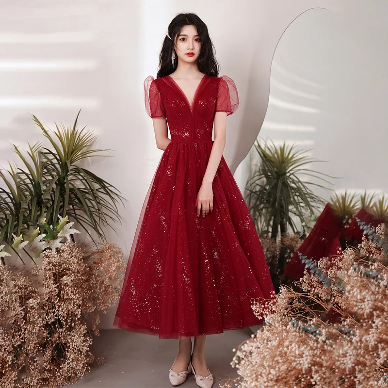 

It's Yiiya Evening Dress Burgundy Bling Tulle V-neck Short Sleeves A-line Ankle-length Plus size Women Party Formal Gown A3016