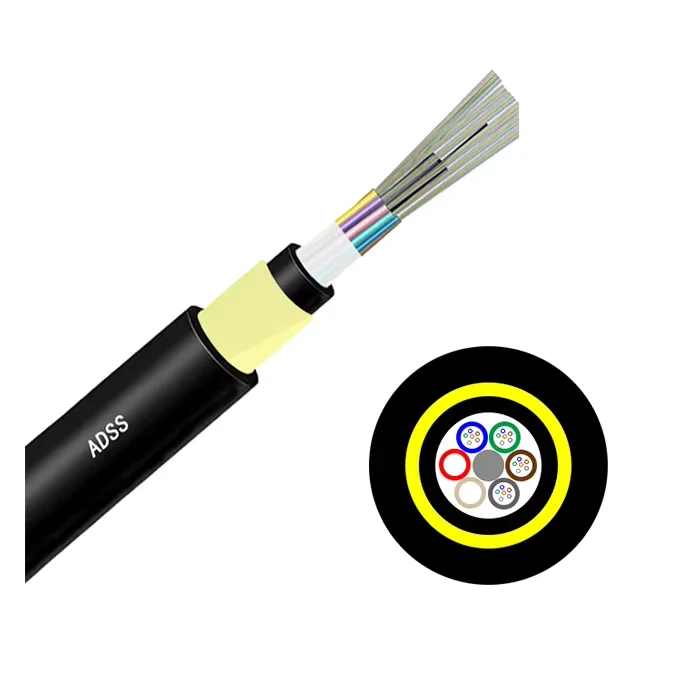 Chaqueta doble de fibra óptica ADSS de PE, todo dieléctrico, autoportante, aéreo, modo único, 24 y 48 núcleos, Cable de fibra óptica para exteriores