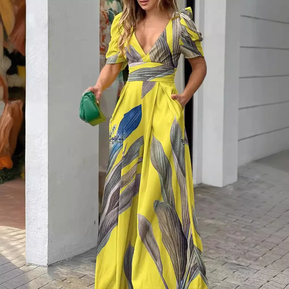 

Boho Printed Long Dress for Women Female Casual Evening Dresses Women Clothing Slim V-neck Short Sleeve Summer Dress Vestidos