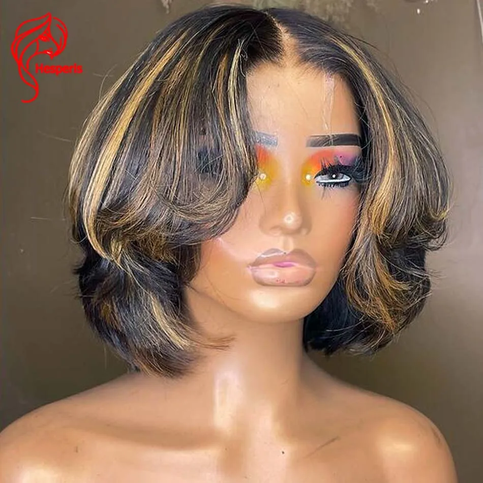 

Hesperis Glueless Layered Bob Cut Lace Front Human Hair Wig With Curtain Bang Brazilian Blonde Highlight Lace Frontal Wigs