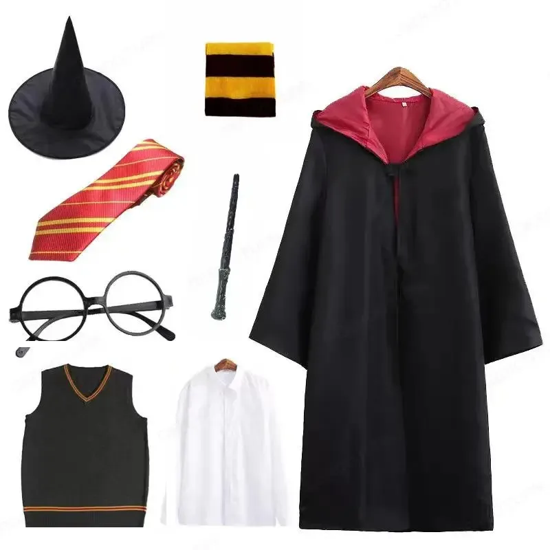 6Pcs Adult Children Harris Cloak Cosplay Costume Set Magic School Wizardry Clothing Cape Scarf Tie Glasses Hat