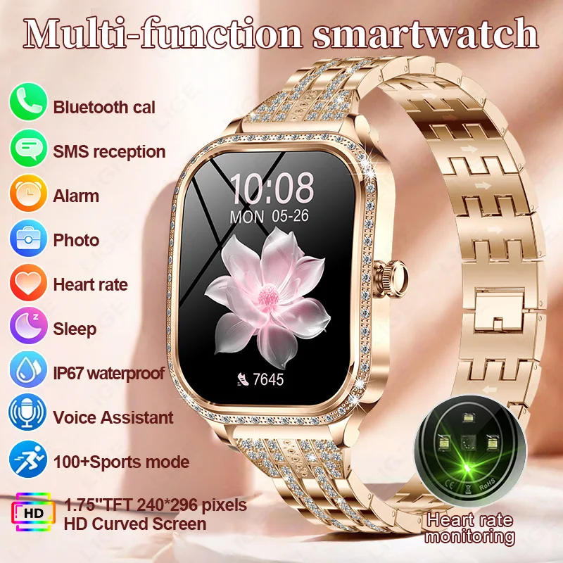 

LIGE New Fashion Women Smart Watch 1.75inch Curved Screen Sports Fitness Bracelet Bluetooth Call Clock Diamond Ladies Smartwatch