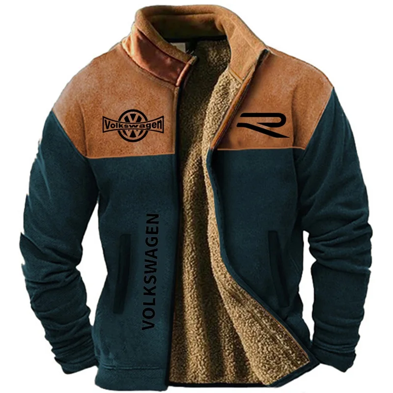 2025 Autumn/Winter 3D Volkswagen Logo Printed Plush Warm Coat, Men's New Warm Stand Collar Windproof Coat