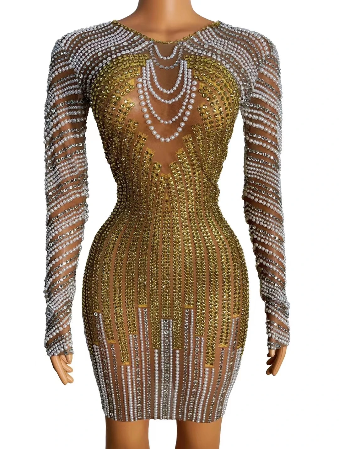 

Skin Color Mesh gold Rhinstone Mini EveningShort Dress Bodycon Festival Showgirl CostumeBirthday Formal Real Women CelebrateA137