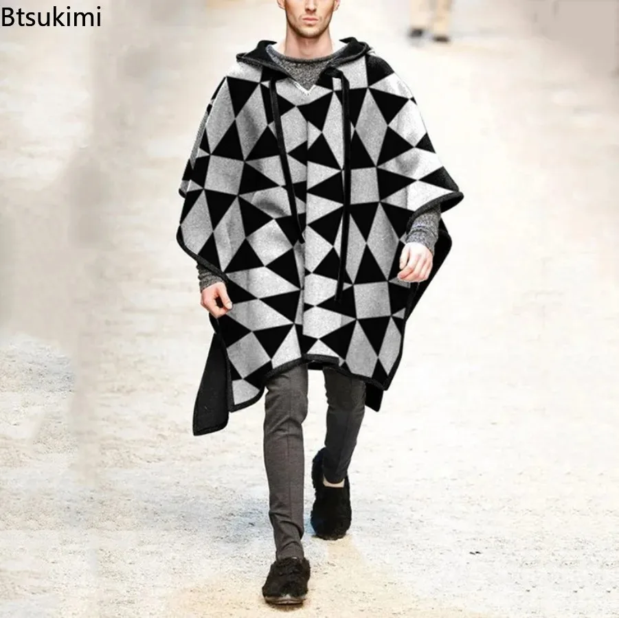 Autumn Trendy Men's Cape Coat Vintage Poncho Jacket Batwing Sleeve Irregular Design Men Hooded Trench Shawl Coat Cosplay Costume
