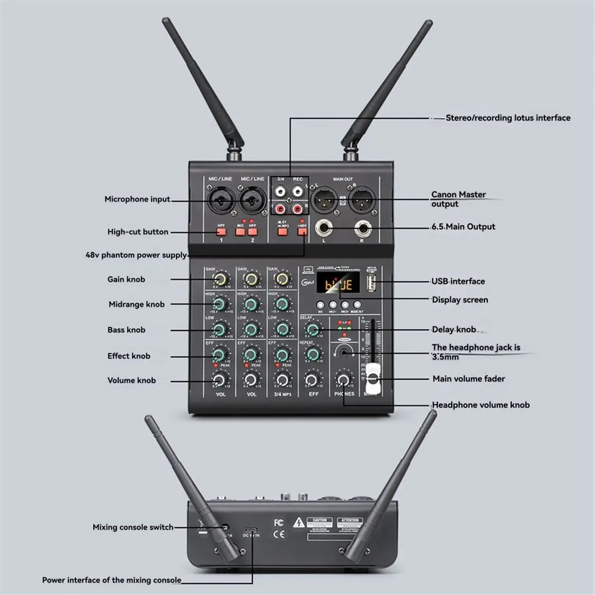 4 Channel Sound Mixer with Dual UHF Wireless Microphone DJ Console Mixing for Karaoke Party PC Studio Recording