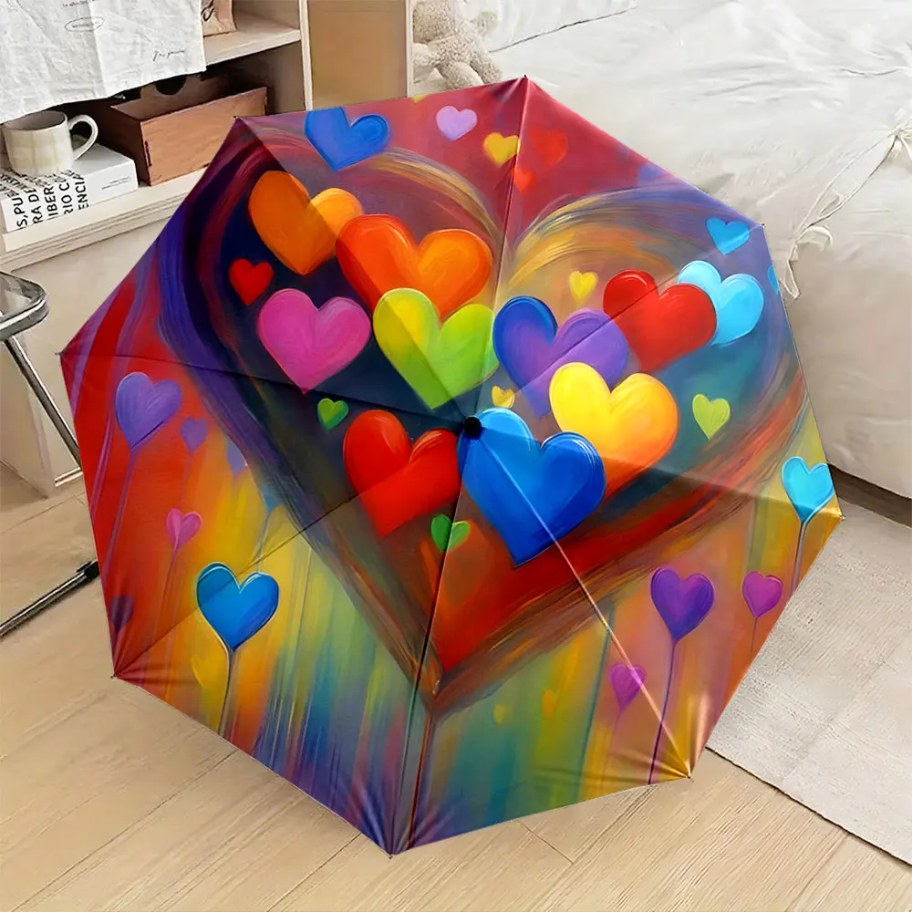 1PC Colorful Heart Art Umbrella Adds Vibrancy to Interior Spaces Print 8 Iron Ribs Folding Umbrella Auto-Open Fashion Sunshade