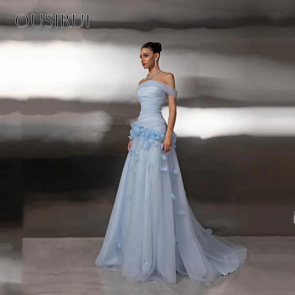 Schulterfreies, mit Blumen verziertes A-Linien-Abendkleid, ärmelloses, bodenlanges Ballkleid aus Tüll, maßgeschneidertes Hochzeitskleid