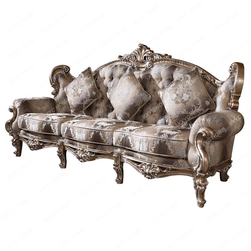 

French Baroque Fabric Sofa Combination Solid Wood European Court Furniture Large Apartment Living Room P1