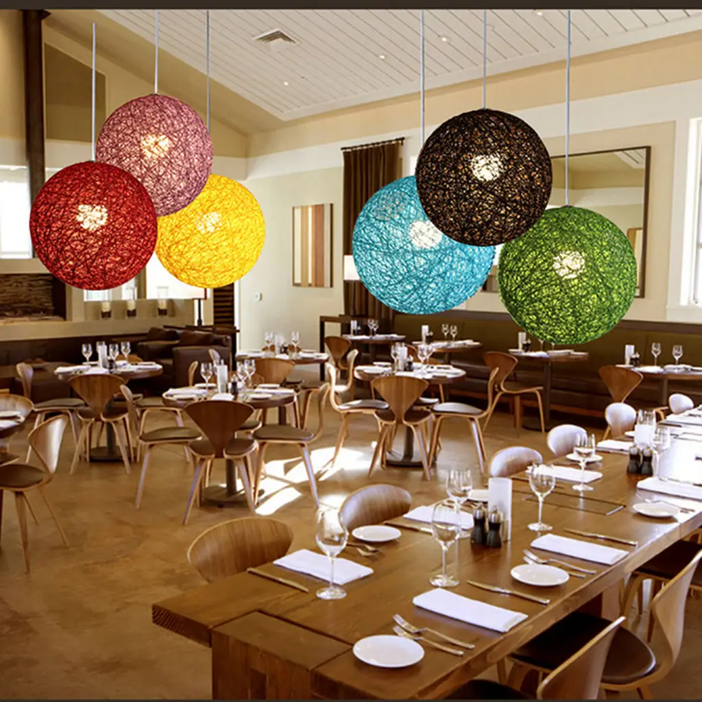 ABZV-Yellow Bamboo, Rattan And Jute Ball Chandelier Individual Creativity Spherical Rattan Nest Lampshade