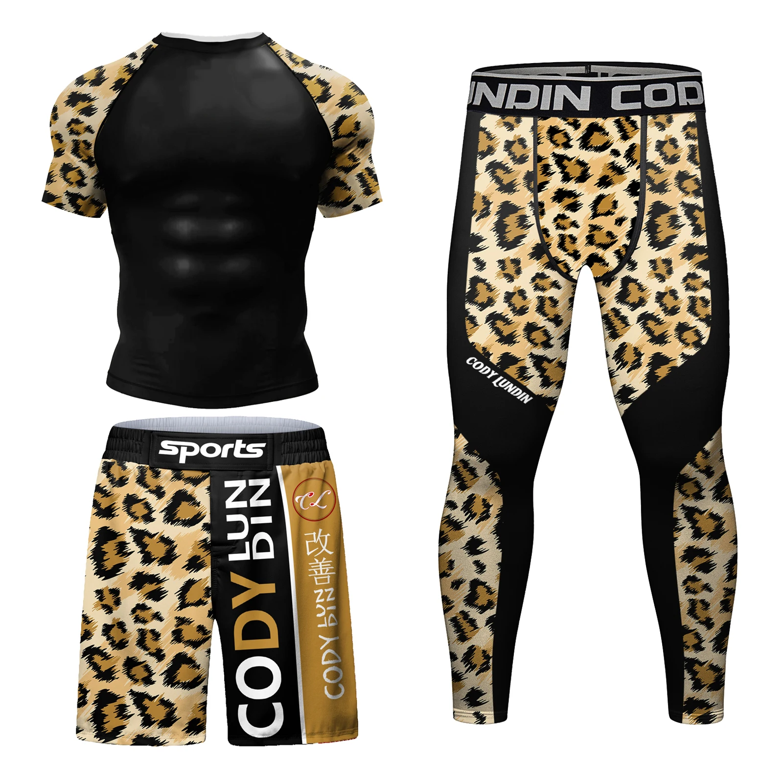 Leopard print Fitness Men Sports Suit High Quality Compression Masculine Rash Guard Shirt Boxing Grappling Gym Shorts 4Piece