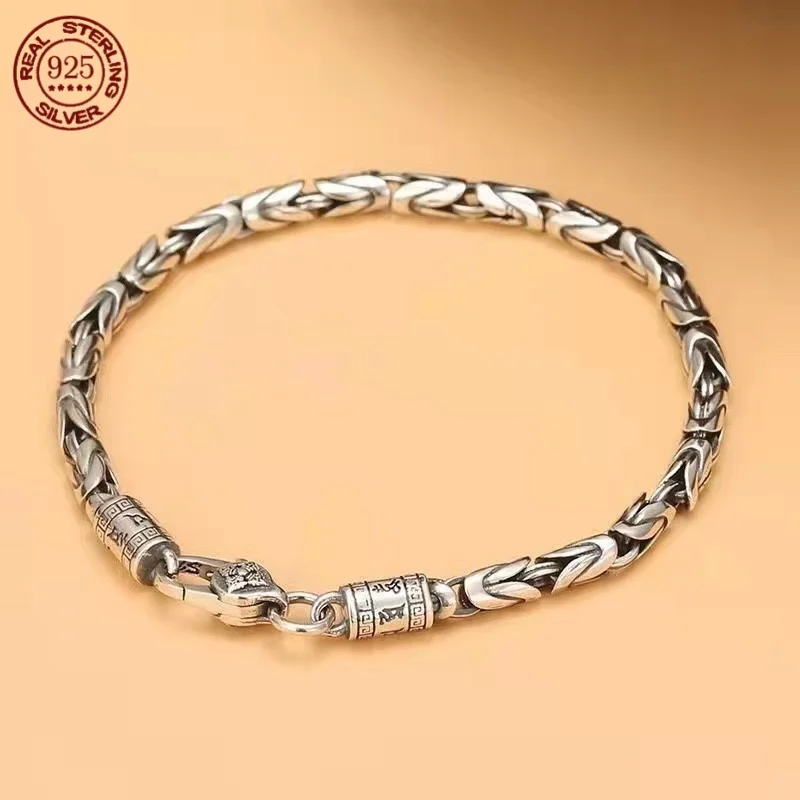 

Factory Price New Fashion 100% Pure S925 Silver Jewelry Retro 6MM Thick Six-Character Mantra Trendy Personality Man Bracelet