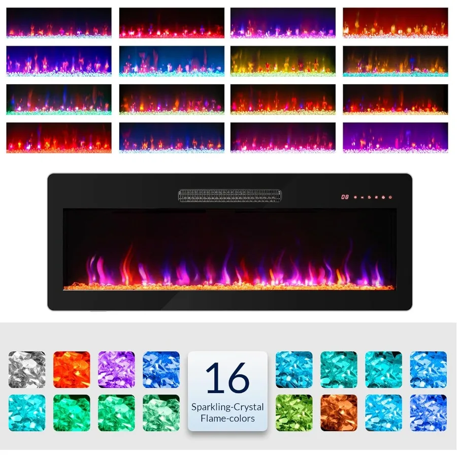 42 Electric Fireplace Heater 1400W Recessed Wall Mounted with Remote Control Adjustable Flame Color and Brightness Timer Touch