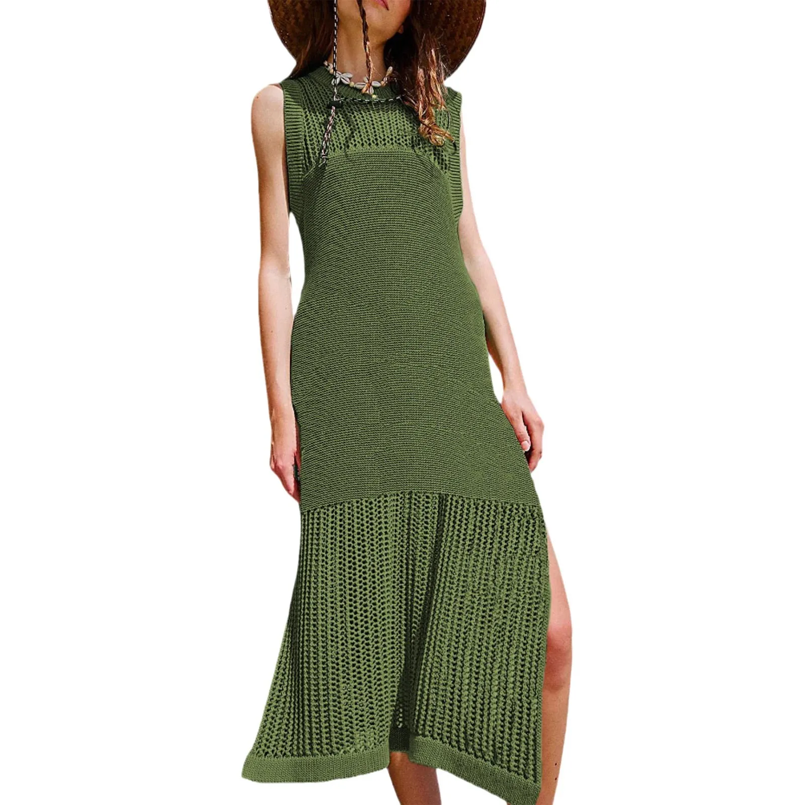 Damska sukienka w jednolitym kolorze bez rękawów Street Hollow Out, spódnica z dzianiny, lato 2025