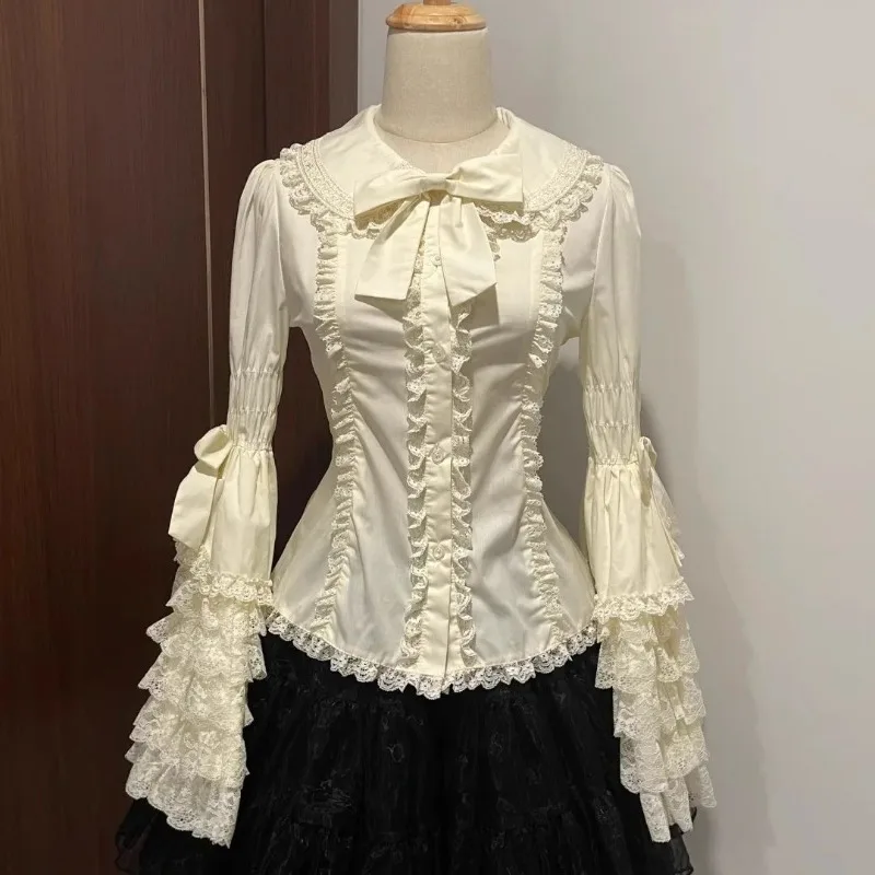 

Lace Patchwork Lolita Bottoming Shirt Women Sweet Peter Pan Collar Blusas Mujer Y2k E-girls Flare Sleeve Loose Blouses