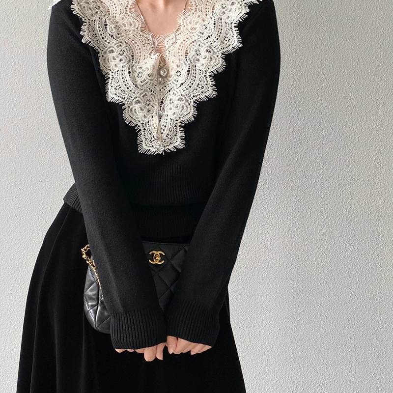 2025 Autumn Hot Sale Gentle Style Lace Splicing Knitted Solid Color Bottom Shirt for Women 3