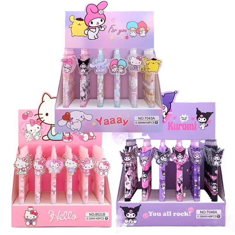 

Sanrio 48pcs Cartoon Gel Pen Hello Kitty Kuromi Cinnamoroll Pens Students Stationery 0.5/0.38 Black School Children Write Supply