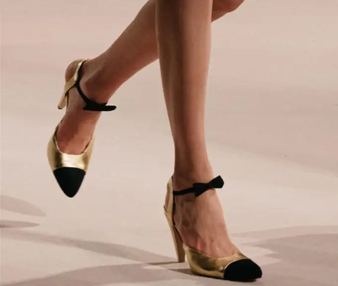 

Classic Gold White Black Patchwork Leather Ankle Butterfly Knot Slingback Summer Sandals Women Pointed Toe 9 CM High Heel Shoes