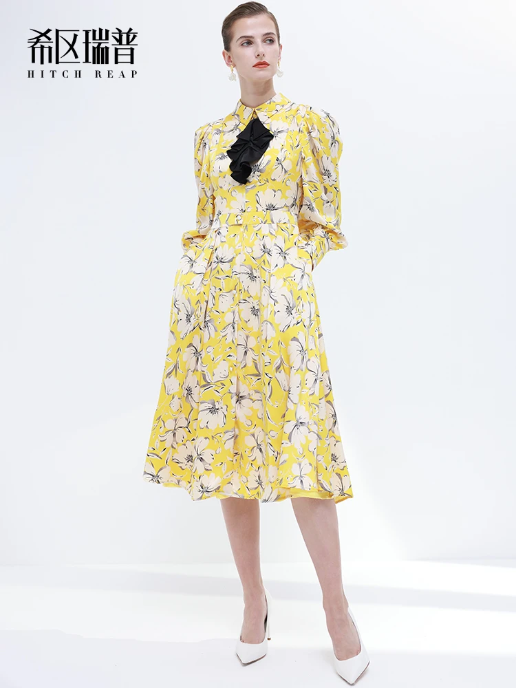 Shirt neck bubble sleeve floral dress