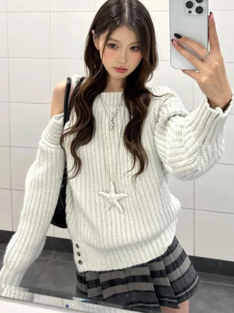 

Deeptown Korean Style Elegant Sweaters Sexy Off Shoulder Sweet Knitted Pullover Preppy Style Casual Solid Long Sleeve Sweaters