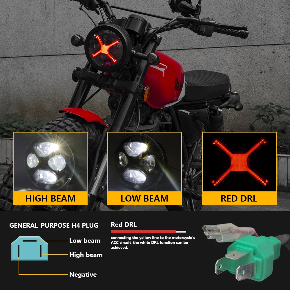 Farol LED para motocicleta de 5,75 polegadas, farol VERMELHO estilo X esfumaçado 5-3/4, compatível com Harley 883 1200 X48 Indian Scout etc.