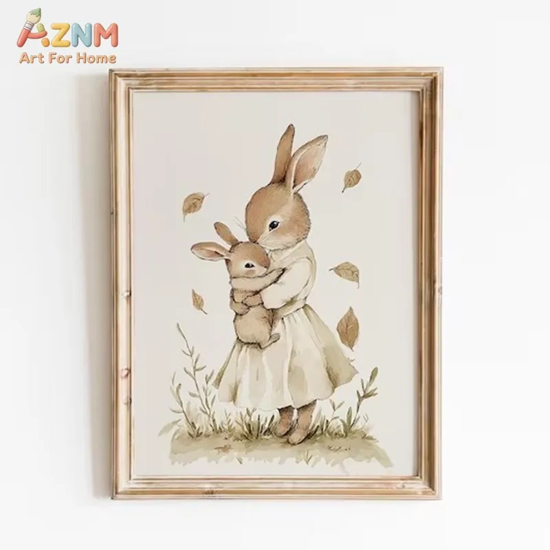 AZNM Mother And Baby Rabbit Autumn Leaf Canvas Wall Art Neutral Watercolor Bunny Print Unframed Canvas Nursery Wall Decor Poster