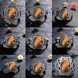 Natural Stone 925 Sterling Silver Ring Tiger Eye Stone Retro Engagement Wedding Party Gift for Women Jewelry