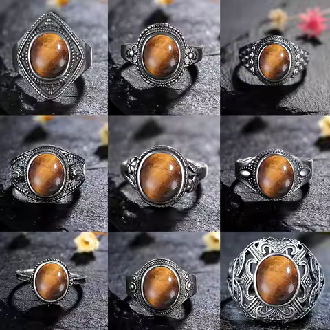 Natural Stone S925 Silver Ring Tiger Eye Stone Retro Engagement Wedding Party Gift for Women Jewelry