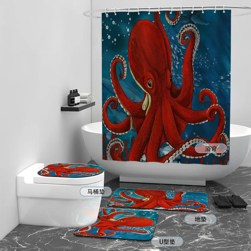 

Octopus 3D Printed Bathroom Set Together Shower Curtain Rug Set Bathroom Mats Rugs Toilet Decor Mat 01