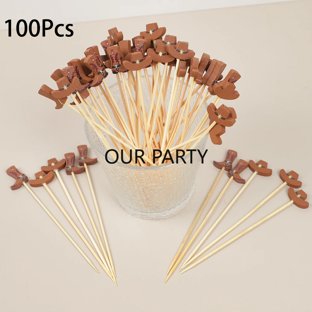 100Pcs Western Cowgirl Theme Bamboo Fruit Forks Cowboy Hat Boots Buffet Dessert Pick for Birthday Bachelorette Party Decoration