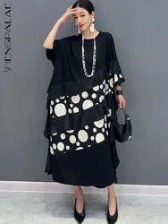 SHENGPALAE 2024 Summer New Women's Dress Polka Dot Patchwork With Ruffled Edges Loose Oversize Straight Tube Female Robe 5C1007