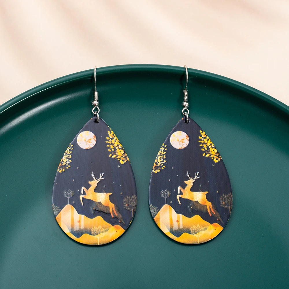Water Drop Acrylic Earrings For Women Vintage Trend 2026 Auspicious Style Gold Color Deer Pattern Daily Wear Lightweight Jewelry