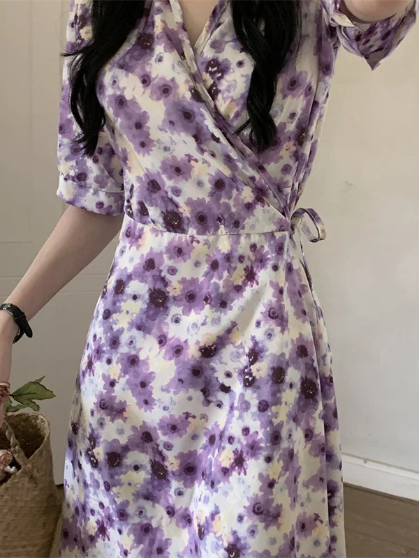 Summer 2024 New Fashionable Fresh French sisters Purple Flower Dress Gentle Snow Spin V-Neck Short Sleeve Fishtail Dress Y1T9