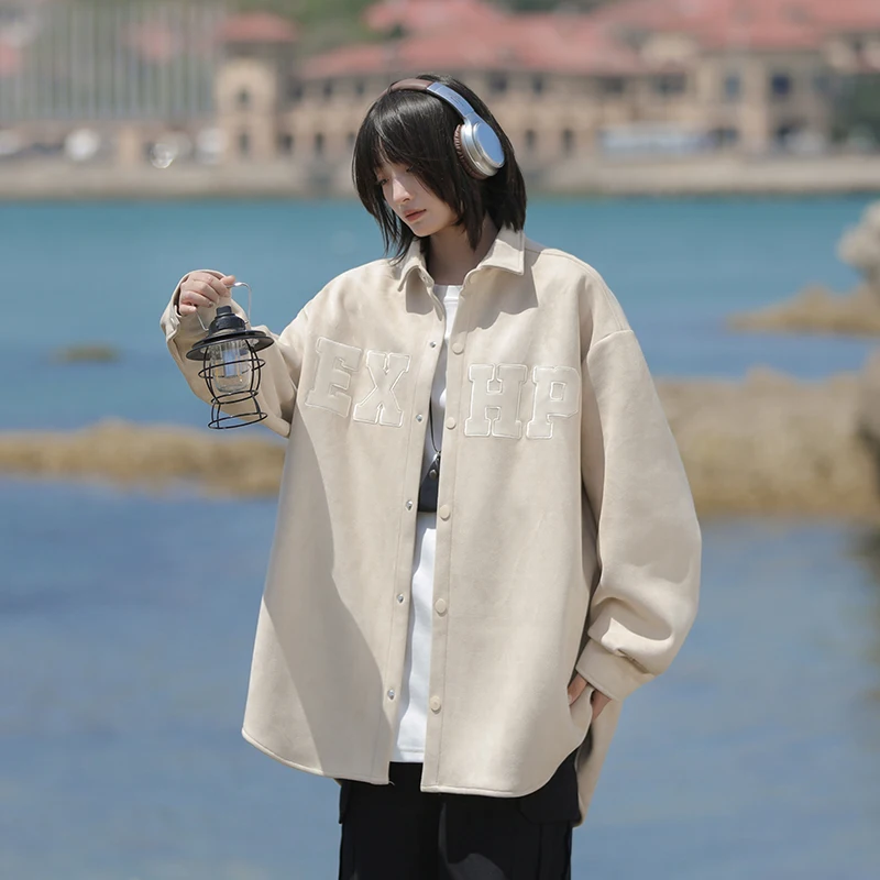 

Men's Long Sve Suede irt Loose Fit Trendy y Jaet Spring Autumn Retro Japanese Sle Embroidered Youth Casual irt