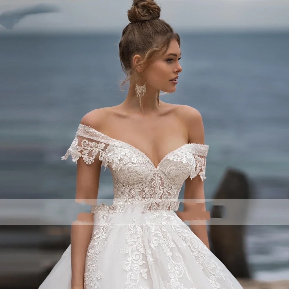 Flavinke Gaun Pengantin Gaun Pesta Bahu Terbuka Kustom Gaun Pengantin Manik-manik Panjang Lantai 2025 dengan Kereta Katedral