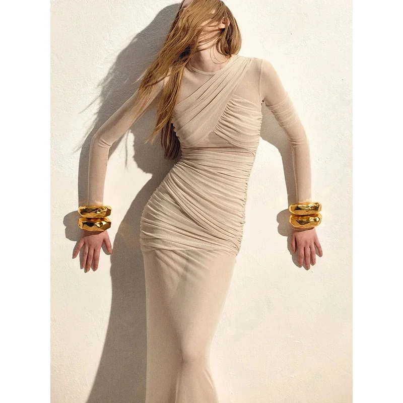 

Mesh Ruched Sexy Maxi Dress For Women Fashion Zipper Patchwork See Through Long Sleeve Elegant Club Party Long Dress