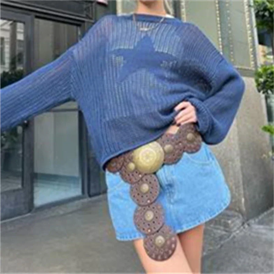 

Vintage Star Knit Crochet Pullover Tops Blue Long Sleeve O Neck Star Print Hollow Sweater Women's Sweatshirt Summer Casual Tops
