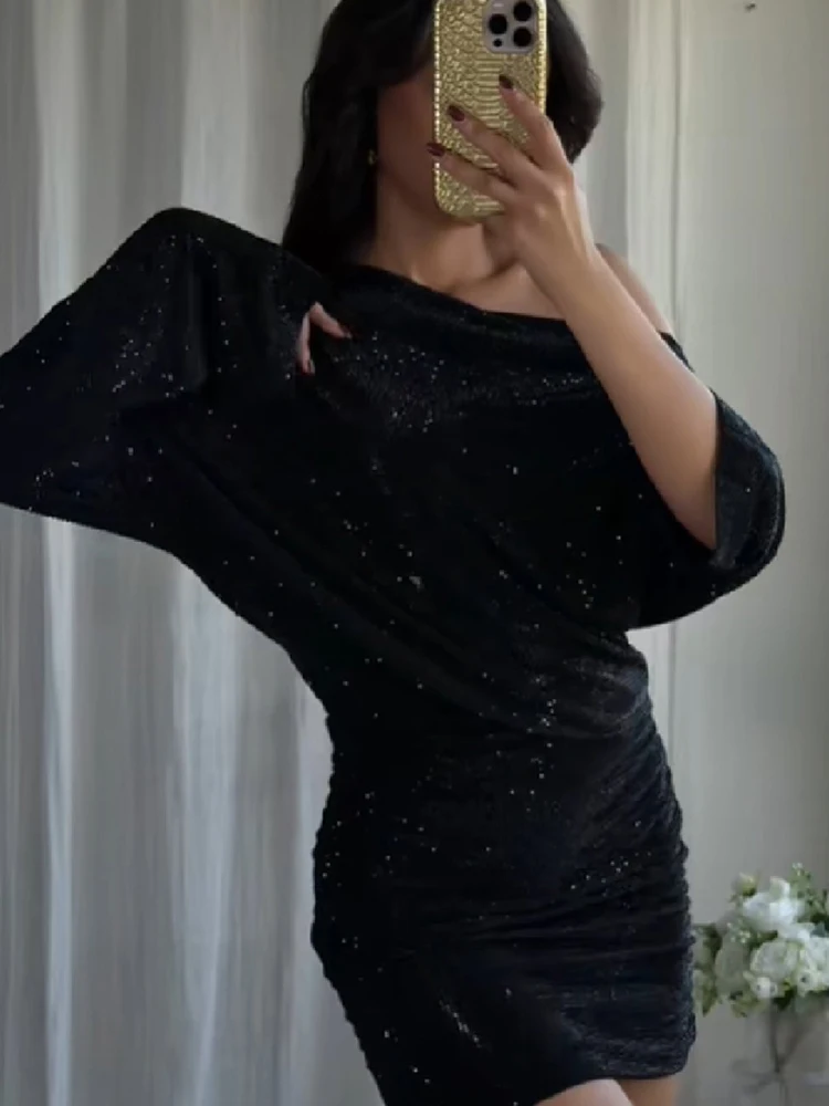 فستان قصير برقبة مائلة لامعة ترتر وأكمام طويلة بقصة ضيقة فساتين سهرة للحفلات والعطلات من فيستدوس 2025 فساتين سهرة جديدة للسيدات #2