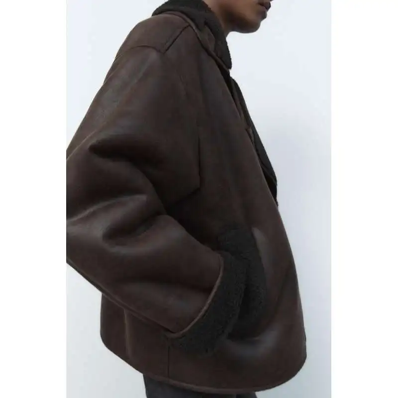 เสื้อโค้ทผู้หญิงแฟชั่นสองด้าน หนังและขนสัตว์ สำหรับฤดูใบไม้ร่วงและฤดูหนาว รุ่นใหม่ ZDATA สไตล์ลำลอง ทรงเข้ารูป