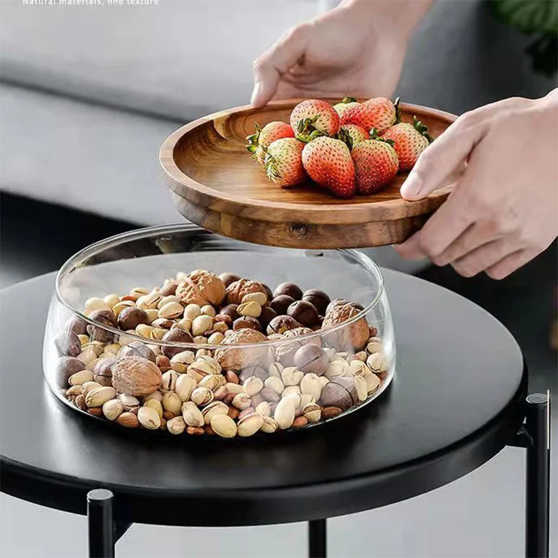 

Environmentally Friendly Material Household Glass Bowl Wooden Tray with Lid Fruit Nuts Dry Goods Candy Storage Box Container