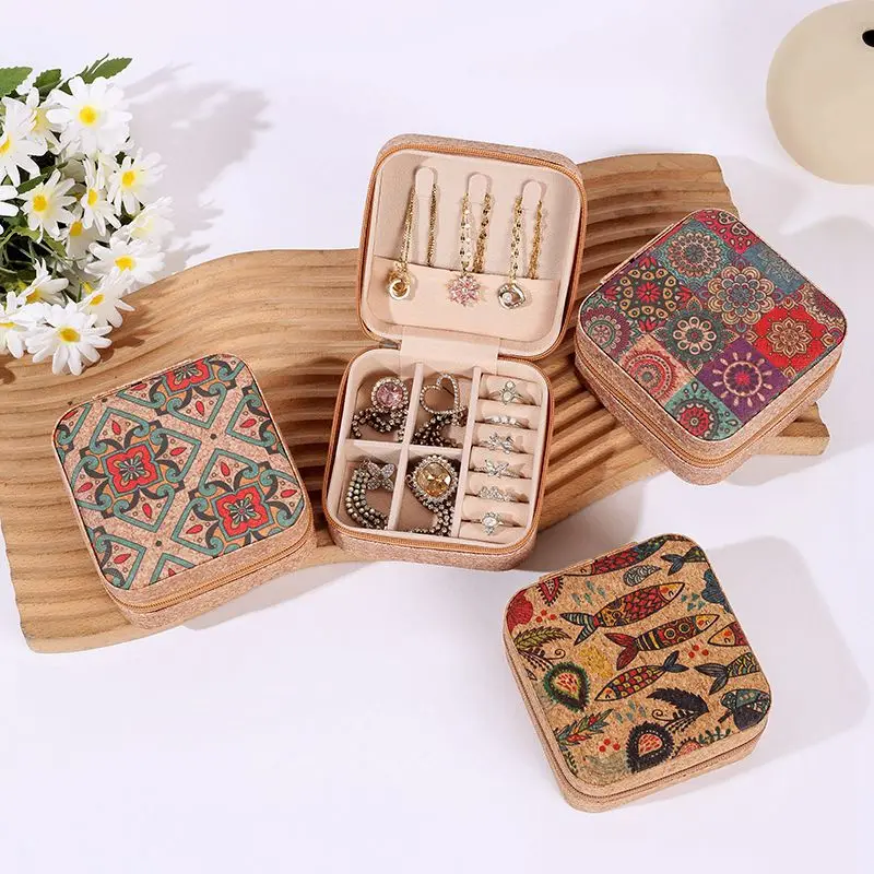 

New retro printed portable travel jewelry box, ring, necklace, earring, accessory box, zipper bag, ear accessory storage box