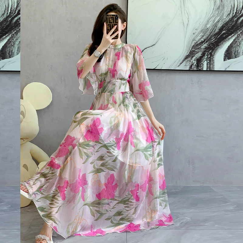 2024 Summer Gorgeour Flower Chiffon Holiday Maxi Dress Elegant Boho Women Flare Sleeve Lace Up High Waist Print Long Robe S-3XL