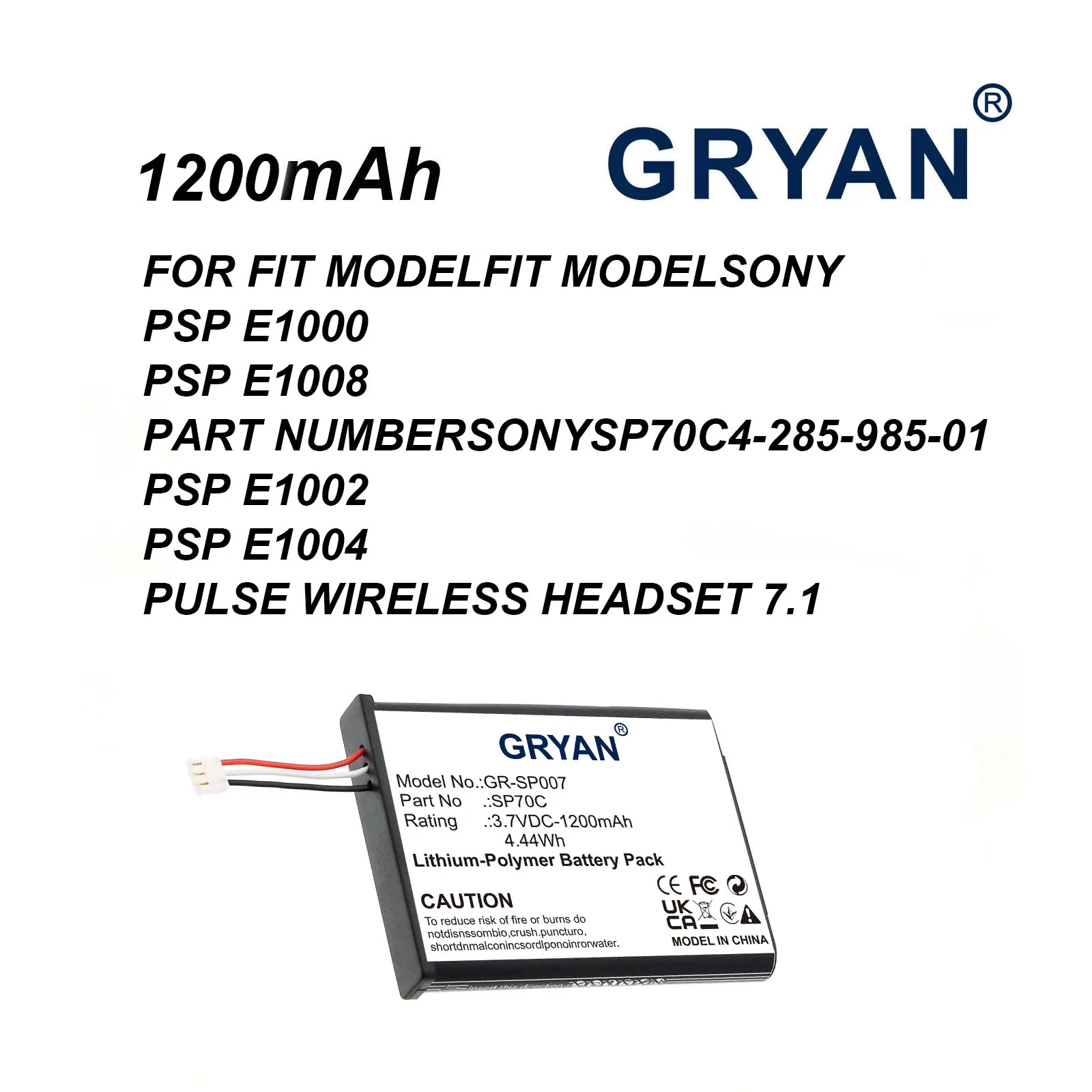 GRYAN  1200mAh Game Console Battery SP70C for Sony PSP E1000, E1002, E1004, E1008, Pulse Wireless Headset 7.1