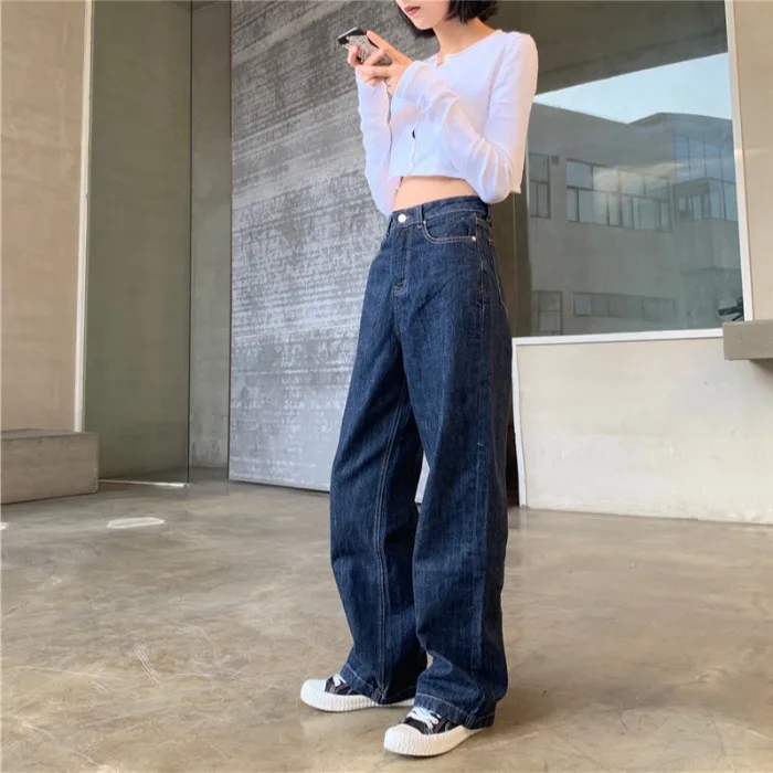 High Waist Straight Leg Loose Casual Women's Jeans Student Fashion plus Size Flattering Hong Kong Style Wide Leg Pants