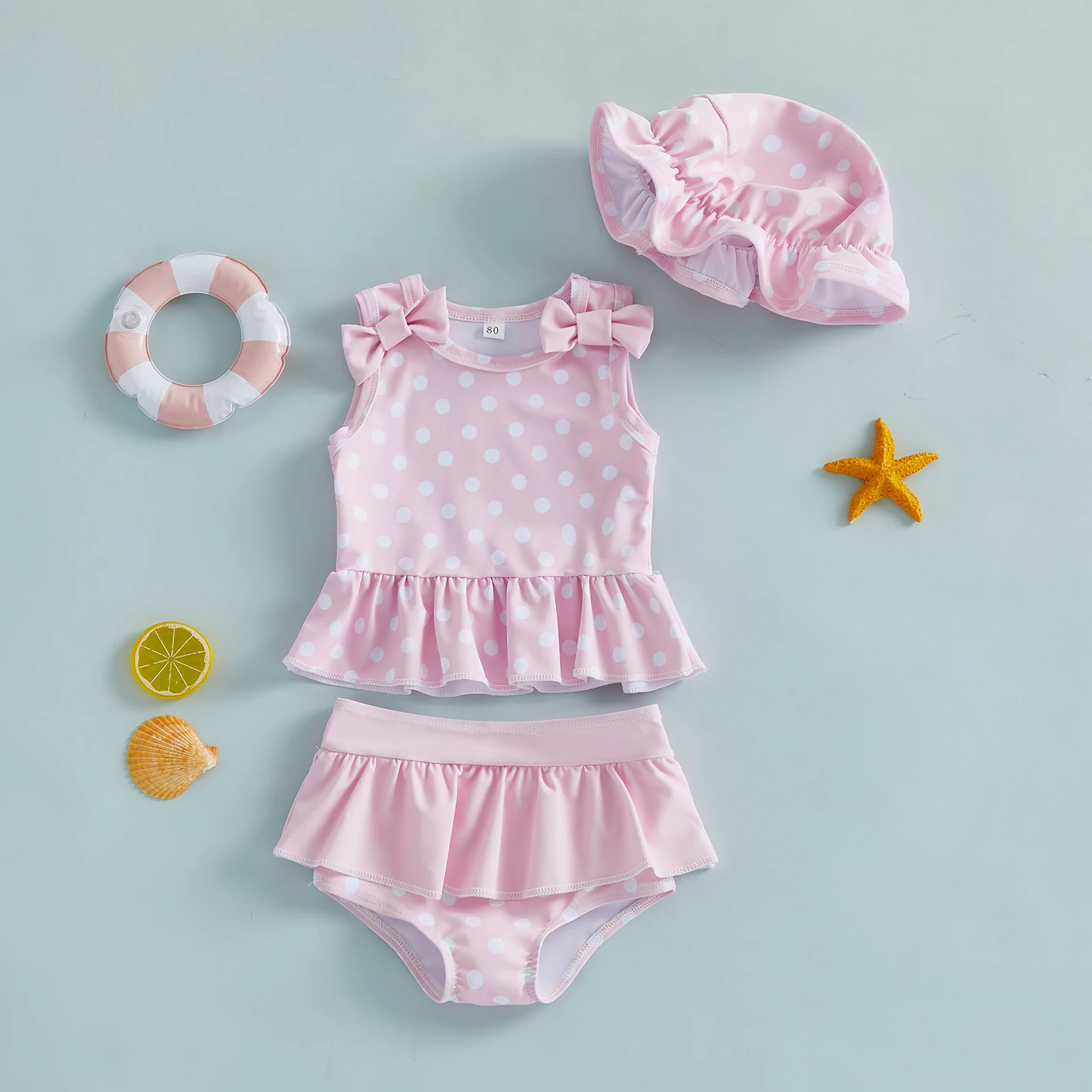 Kids Girls Summer 3Pcs Swimsuit Beachwear Cute Heart/Dot Print Ruffled Tank Tops with Bottom Shorts, Hat 3Pcs Bathing Suit